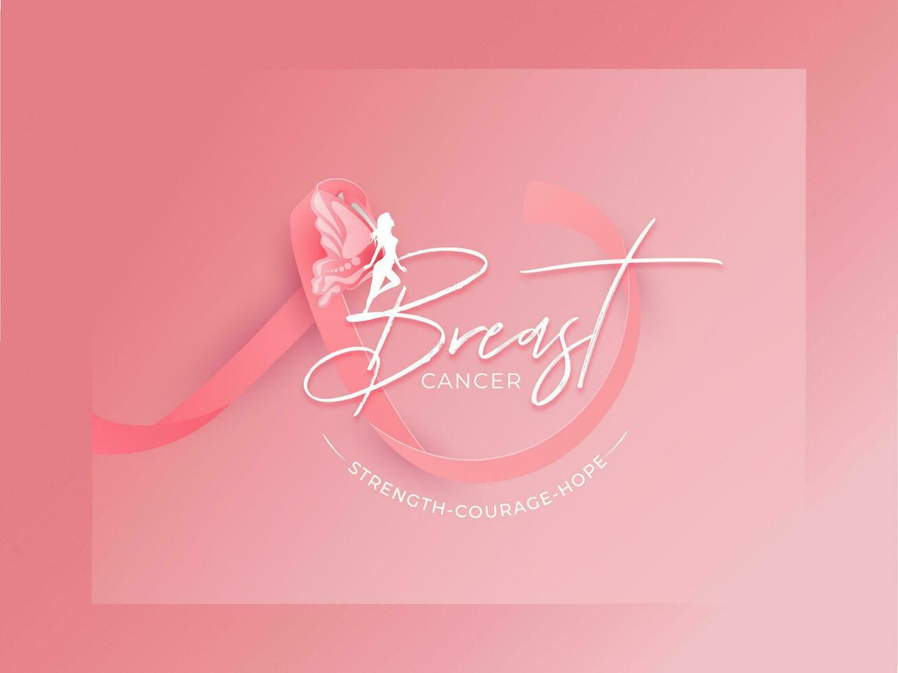 Breast Cancer ribbon with silhouette fairy character and given message as Strength Courage Hope on pink background for Awareness Month concept. vector