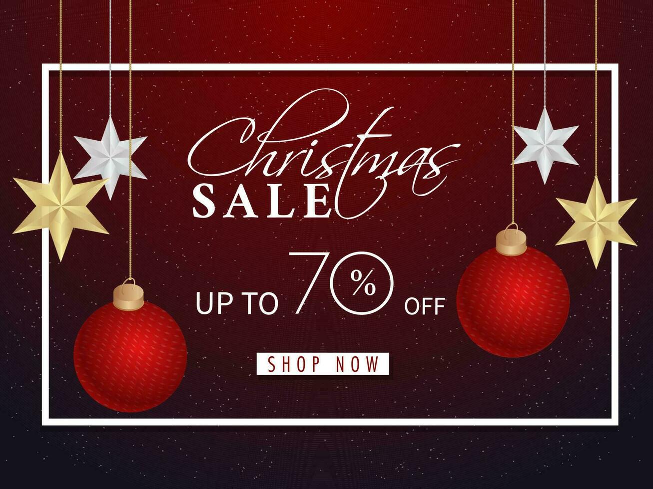 Christmas Sale banner or poster design with discount offer, bauble balls and stars hang decorated on brown background. vector