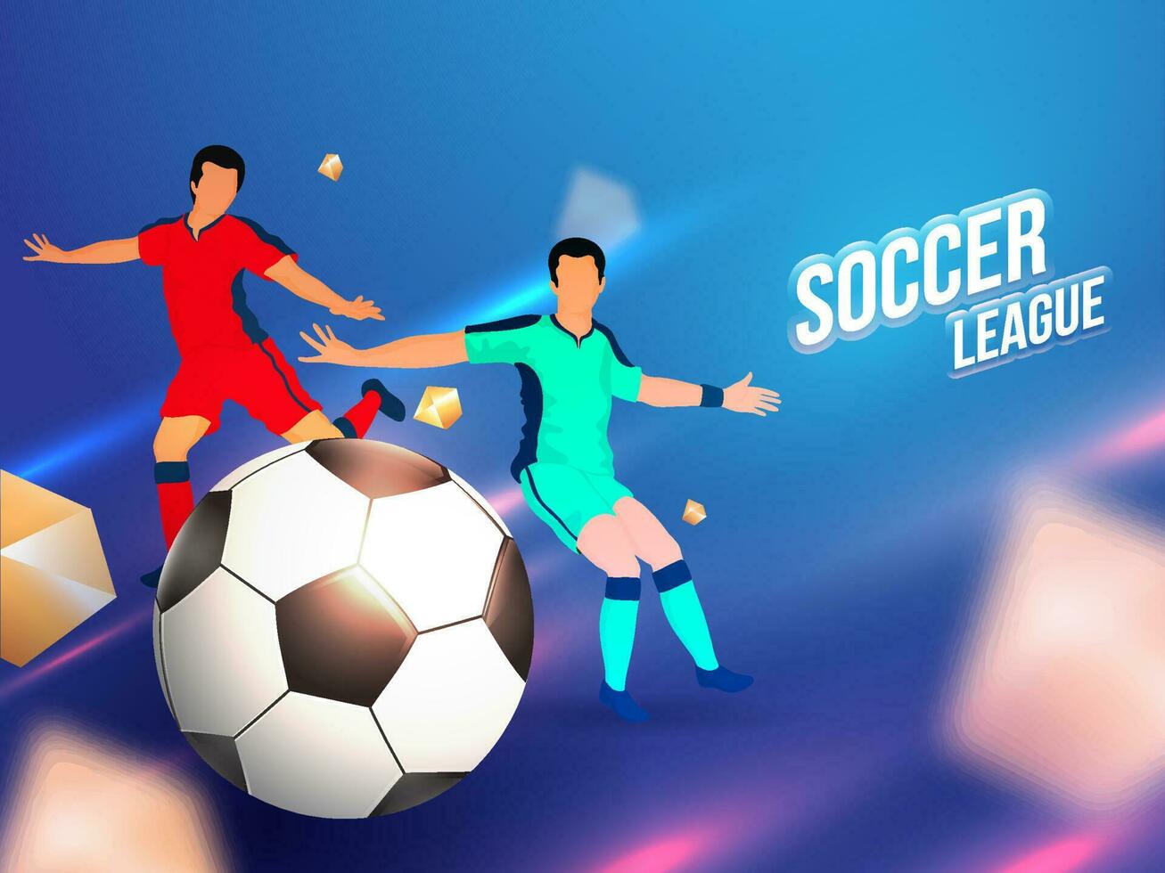 Character of two Footballer kick the ball on abstract shiny blue background for Soccer League banner or poster design. vector