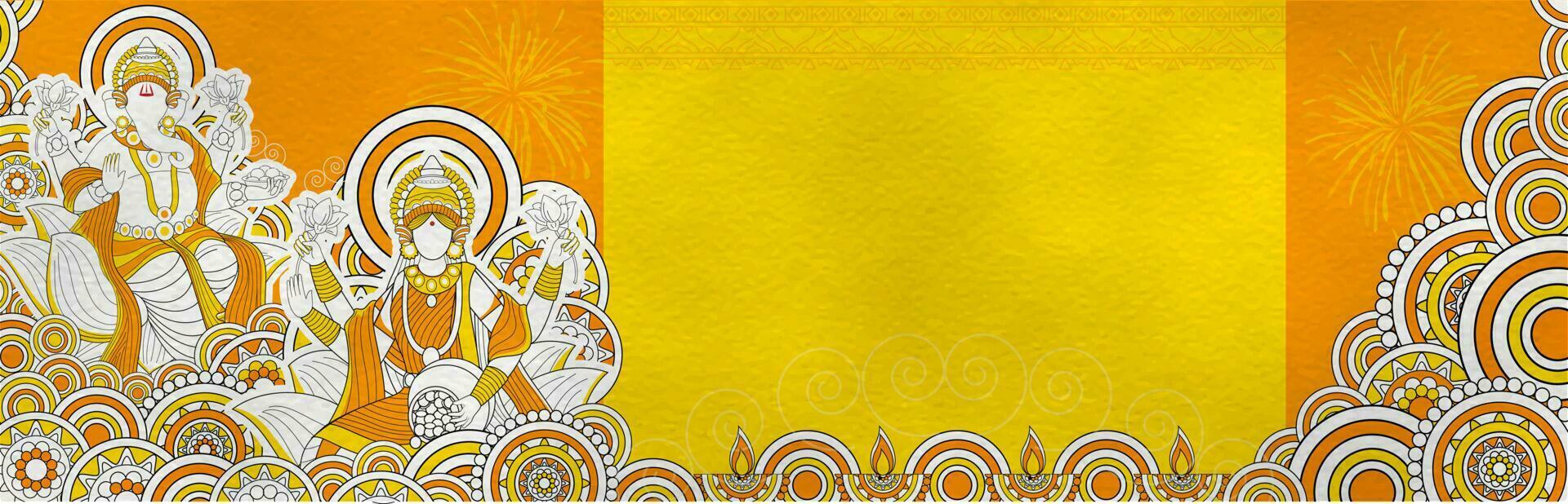 Line art style illustration of Goddess Lakshmi and Lord Ganesha on floral and oil-lit lamp abstract pattern background for Diwali Festival celebration. Header or banner design. vector