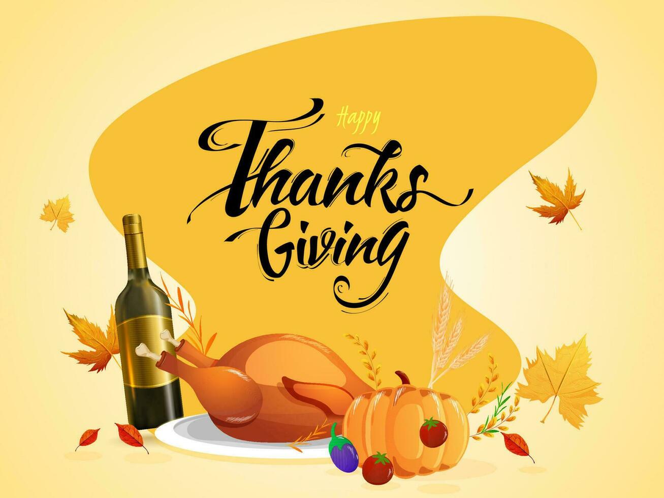 Happy Thanksgiving celebration poster design with champagne bottle, pumpkin, chicken and autumn leaves decorated on yellow abstract background. vector