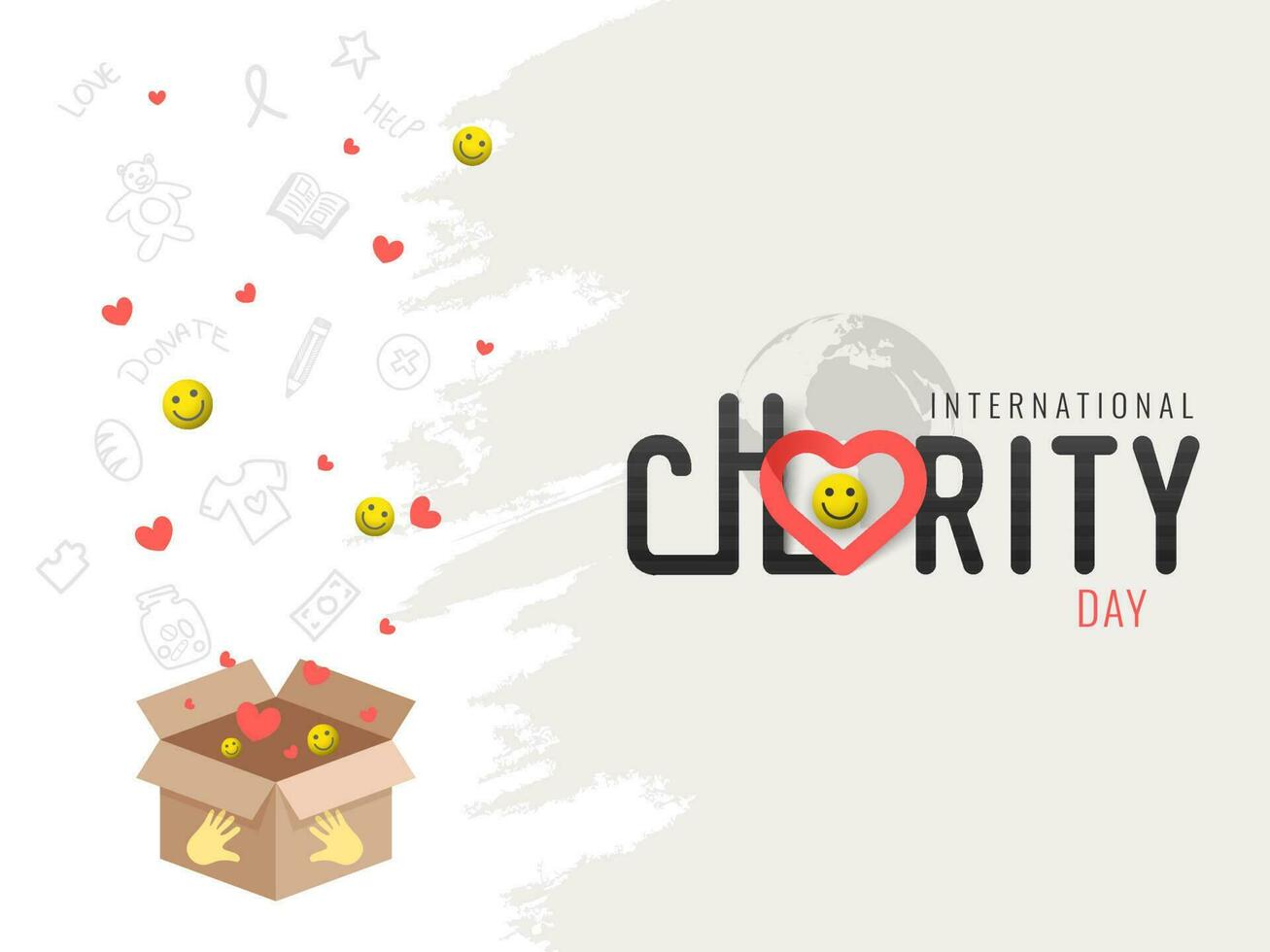 International Charity Day poster or banner design with illustration of doodle charity element and  flying hearts and smiley balls in surprising gift box on grey grunge background. vector