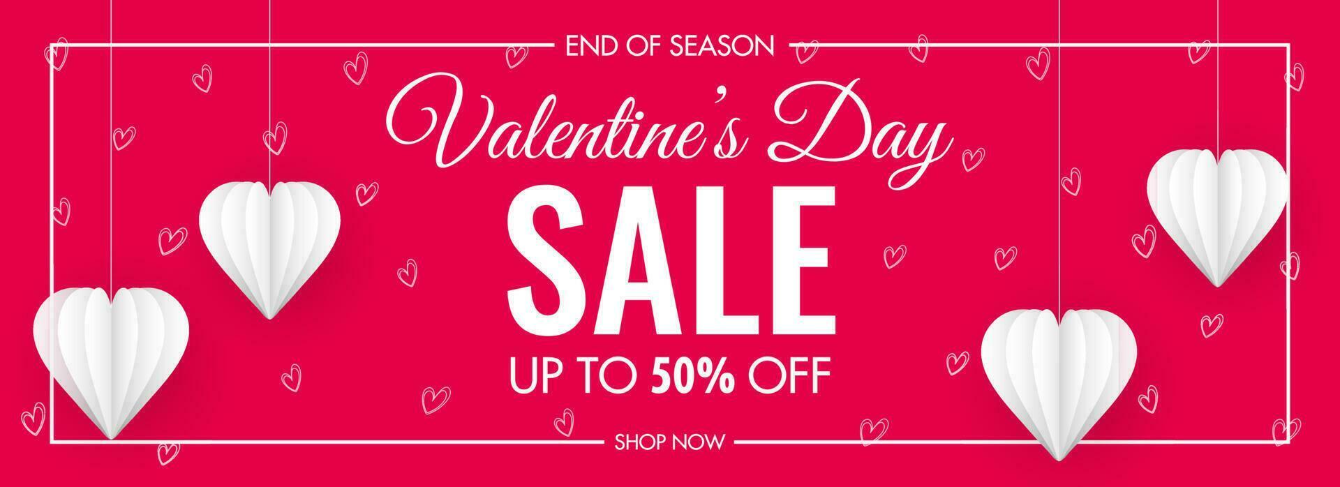 Valentine's Day Sale Header or Banner Design with Discount Offer and White Paper Cut Hearts Decorated on Pink Background. vector
