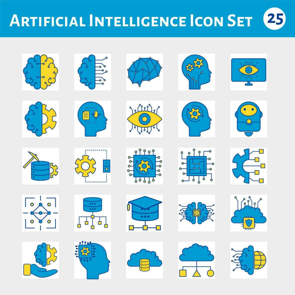 Set Of 25 Artificial Intelligence Icon Set In Blue And Yellow Color. vector