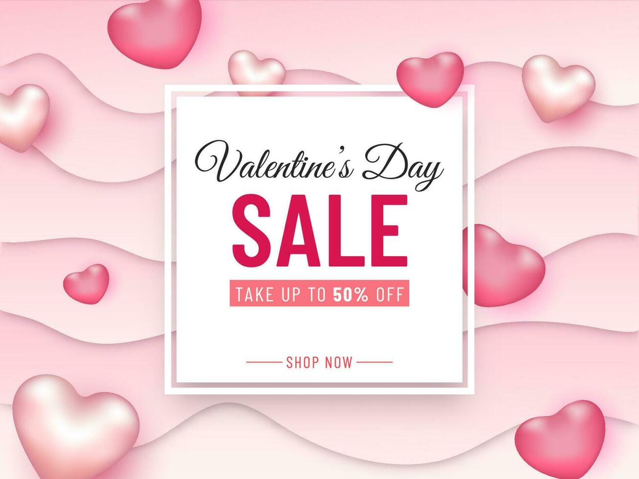 Valentine's Day Sale Banner or Poster Design with Discount Offer and Glossy Hearts Decorated on Pink Paper Cut Waves Background. vector