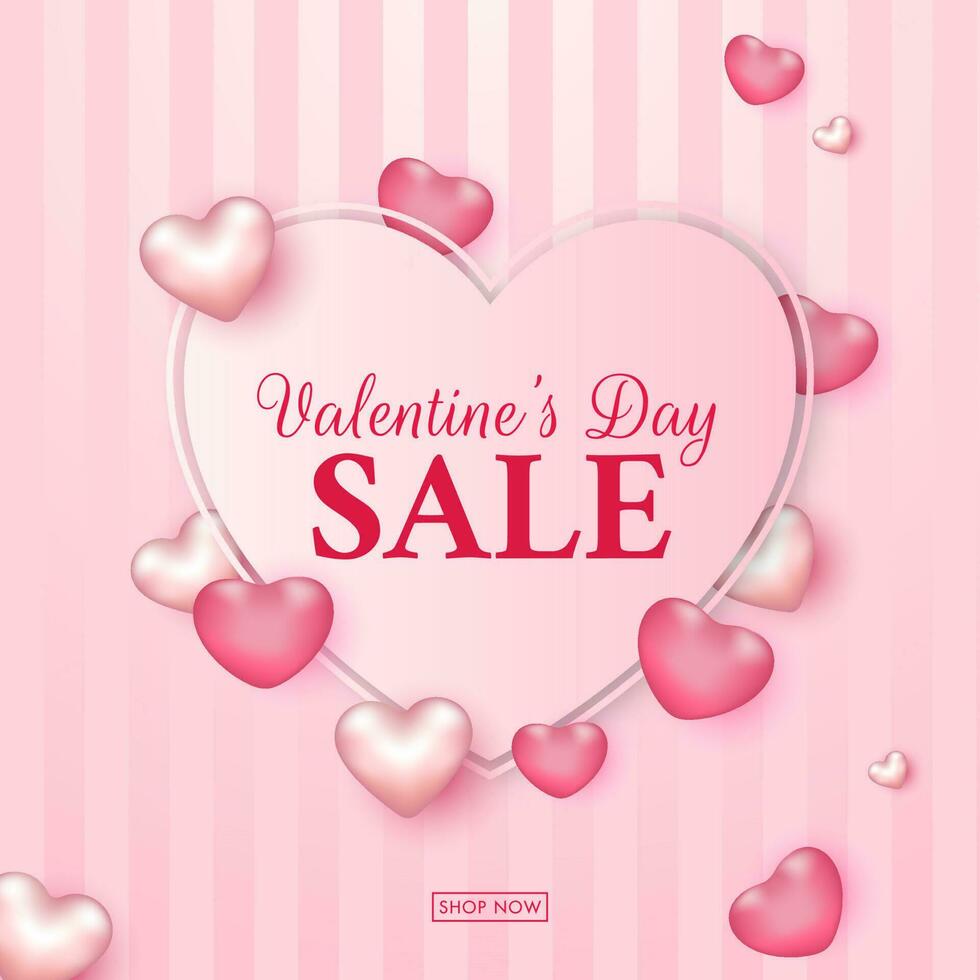 Valentine's Day Sale Text in Heart Shape Decorated with Pink Glossy Hearts on Striped Background for Advertising Concept. vector