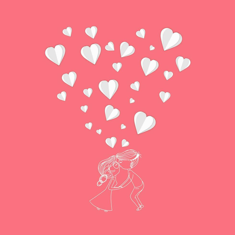 Line Art Romantic Kids Couple With White Paper Cut Hearts on Red Background for Valentine's Day. vector