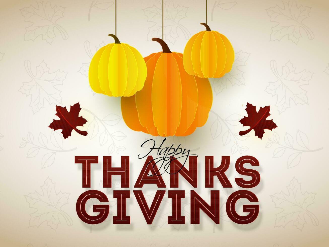 Happy Thanksgiving text with hanging paper cut pumpkins decorated on white autumn leaves pattern background. Can be used as greeting card design. vector