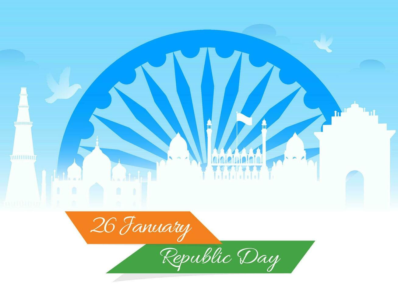 Indian Famous Monuments with Ashoka wheel illustration on white background for 26 January, Republic Day celebration. vector