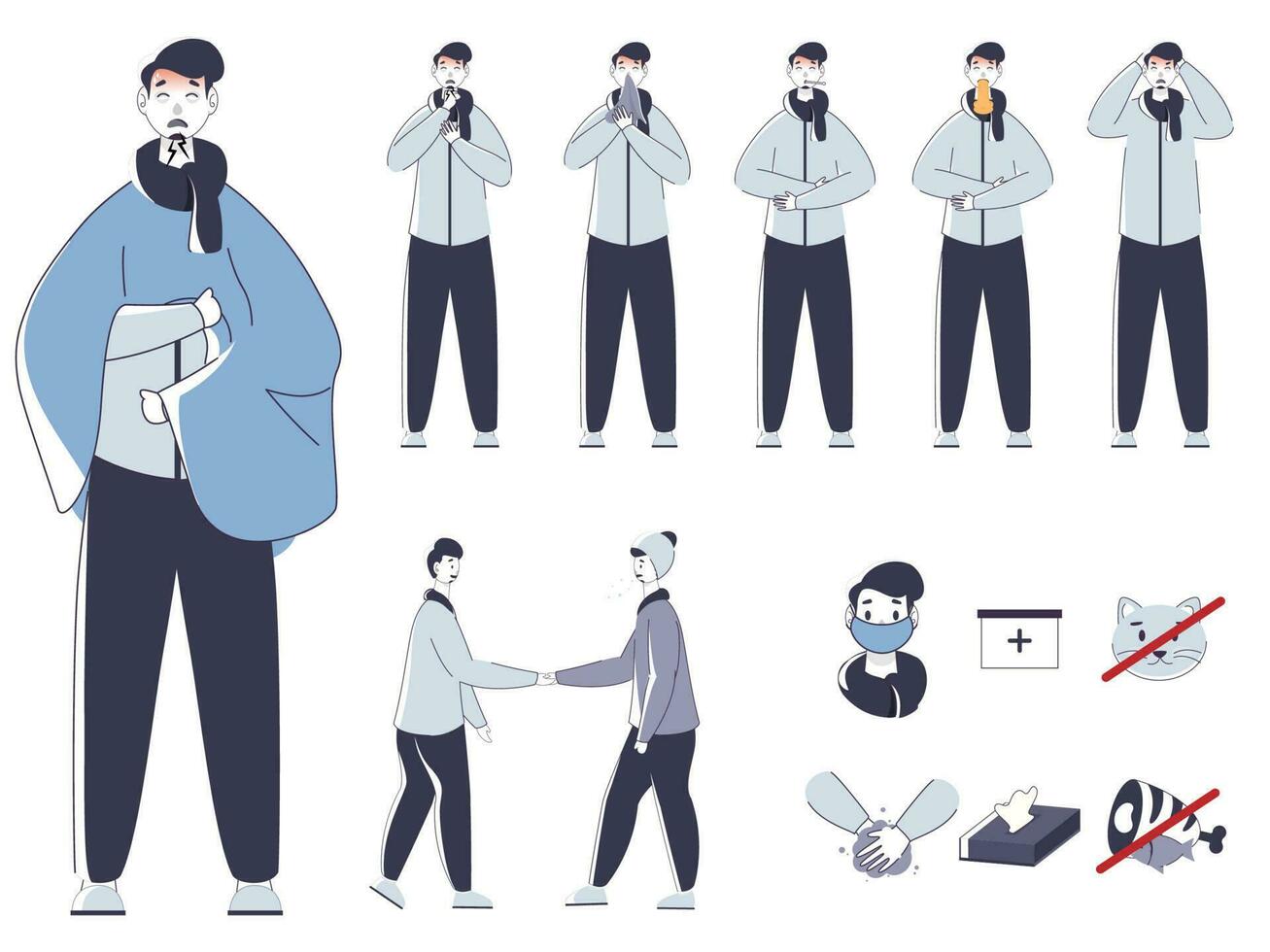 Sickness Man Showing Virus Symptoms with Transmission and Prevention Details on White Background. vector
