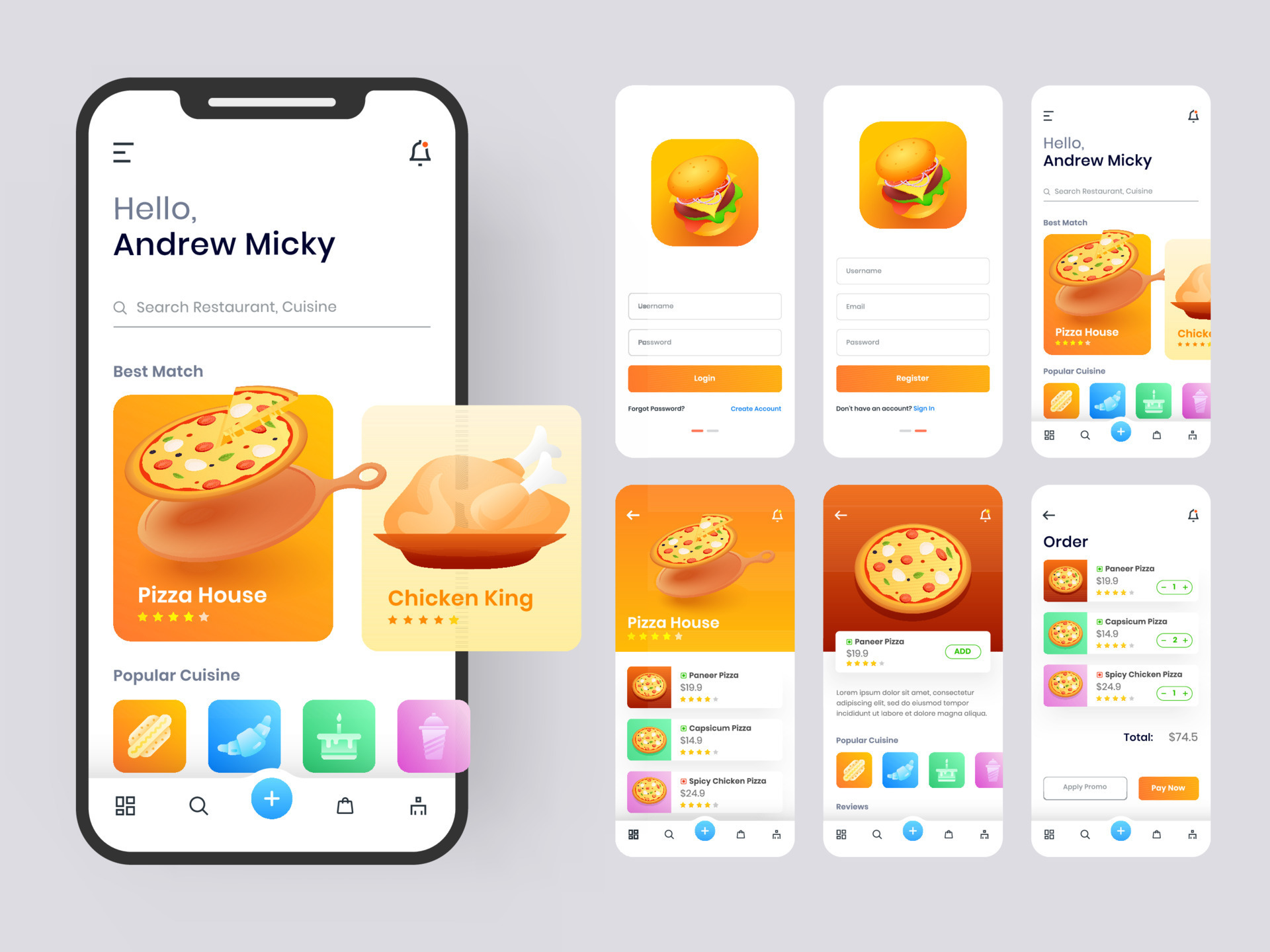 Food mobile app ui kit including sign up, food menu, booking and home
