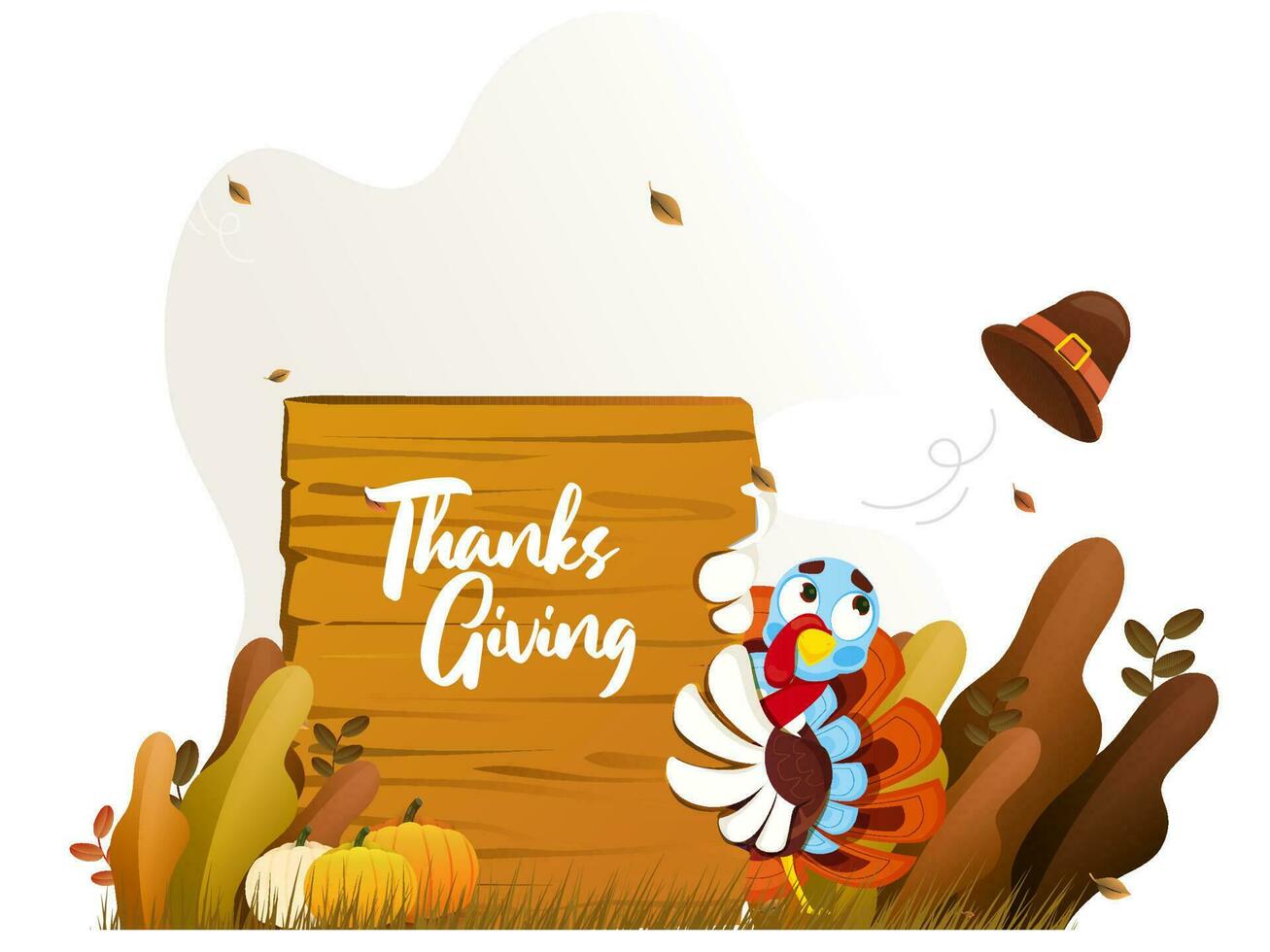 Illustration of turkey with pilgrim hat, pumpkins, autumn leaves and wooden board for Thanksgiving celebration concept. vector