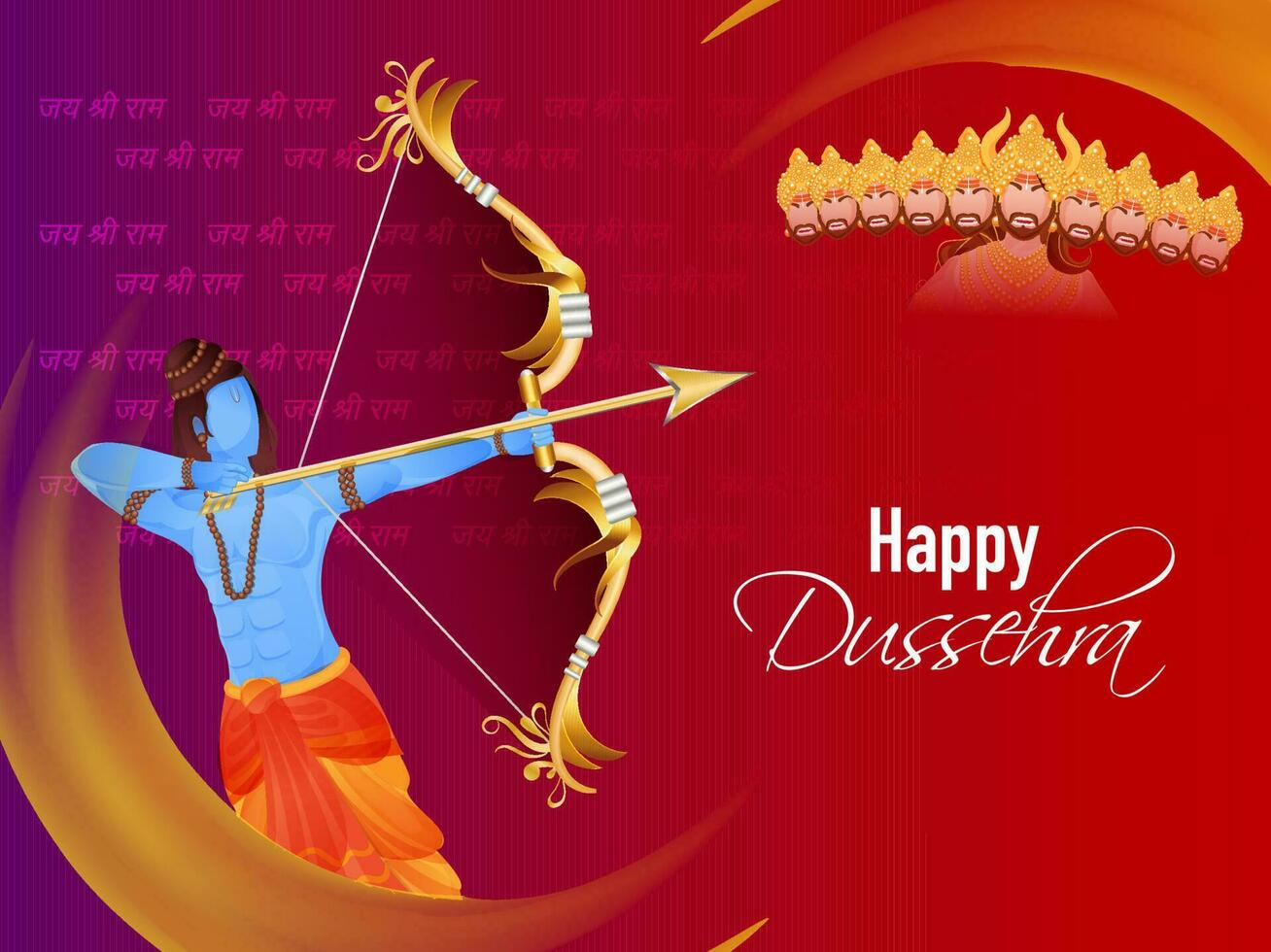 Illustration of Lord Rama taking an aim against Ravana on Jai Shri Ram hindi text pattern background for Happy Dussehra celebration greeting card design. vector