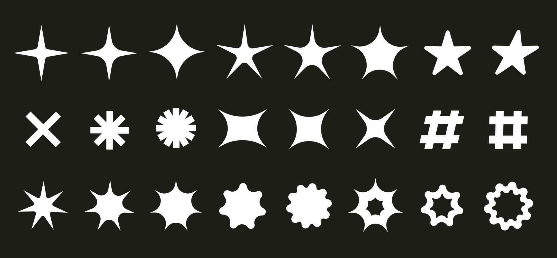 Set of trendy black and white Y2K stars and other symbols, vector design elements in retro 2000s aesthetic