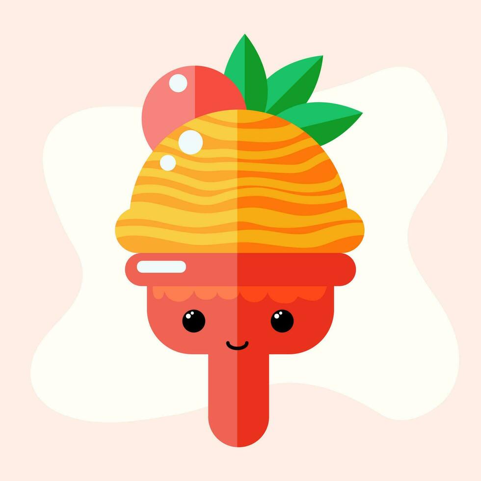 Cute ice cream character, tasty dessert with eyes and smile, summer food, frozen sweet food illustration with strawberry topping. vector