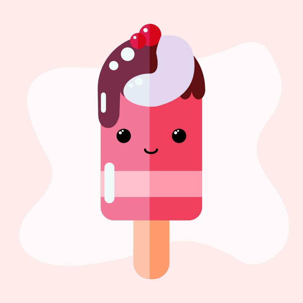 Cute strawberry ice cream character, tasty dessert with eyes and smile, summer food, frozen sweet food illustration with chocolate topping. vector