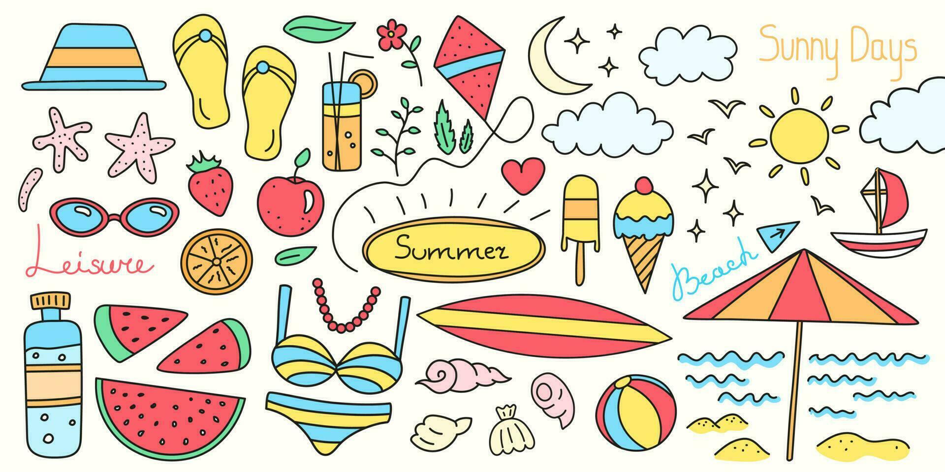 Summer colorful doodles, cartoon drawing with beach equipment, leisure objects, summertime sweets and vacation items. vector