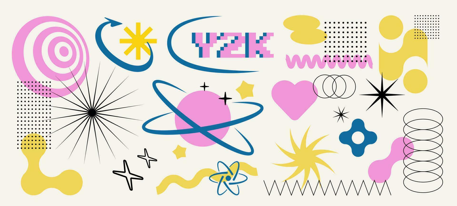 Trendy Y2K set of abstract retro elements, signs and symbols. Decorative vector objects in 2000s aesthetics.