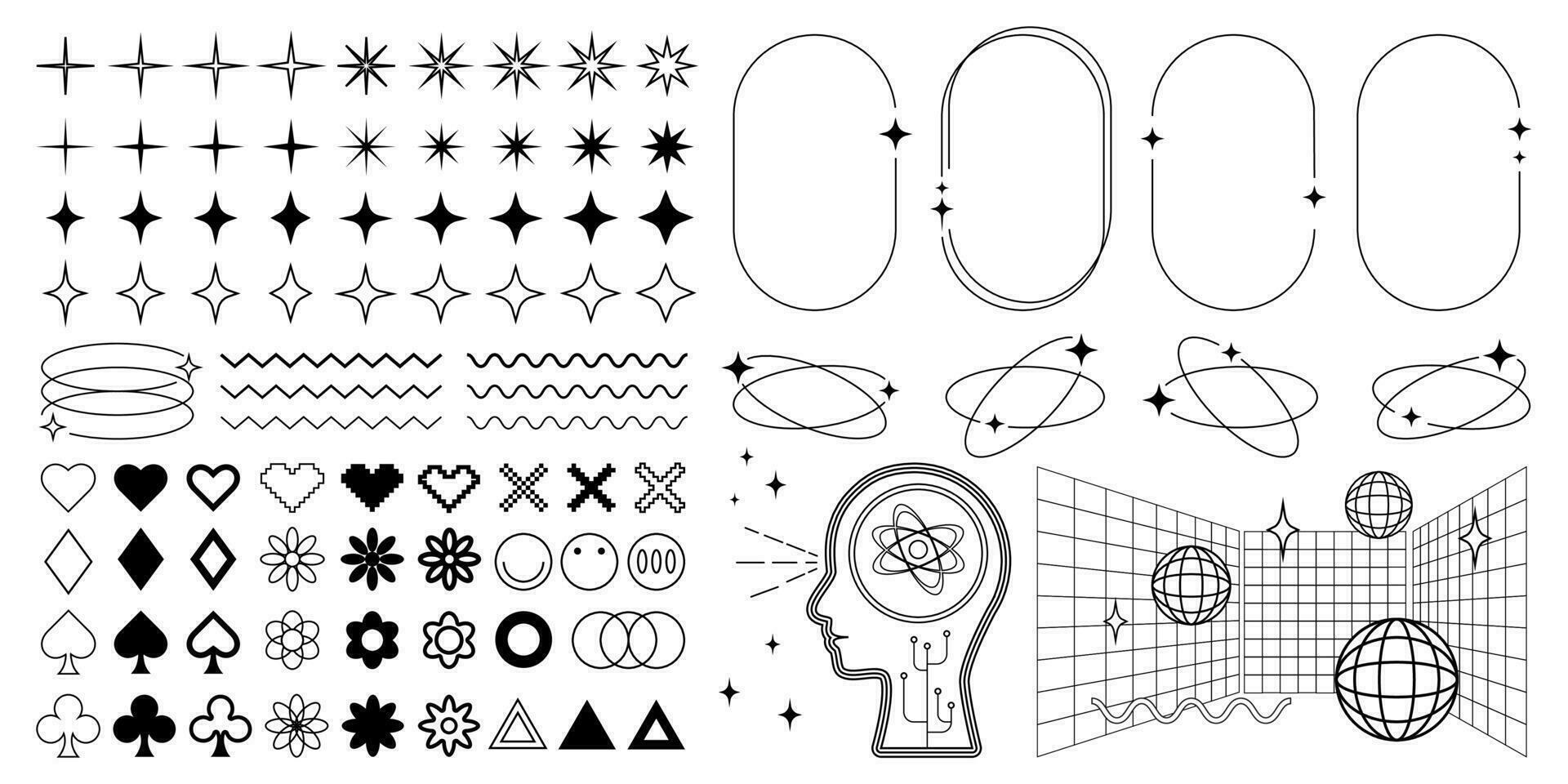 Collection of Y2K graphic elements, frames and design objects. Retro vector black and white graphics.