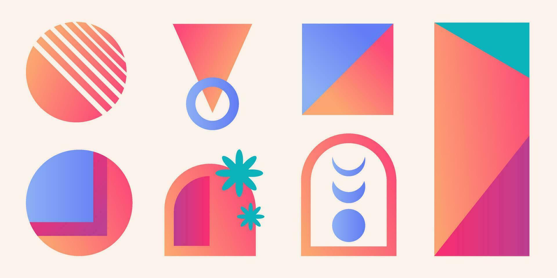 Group of abstract colorful geometric shapes and forms, decorative stickers, elements with soft gradients. vector
