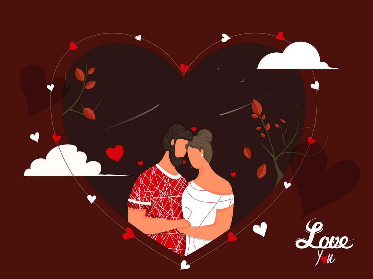 sin rostro amoroso Pareja personaje con amor usted texto, hojas rama y nubes decorado en marrón corazón forma y borgoña antecedentes. vector