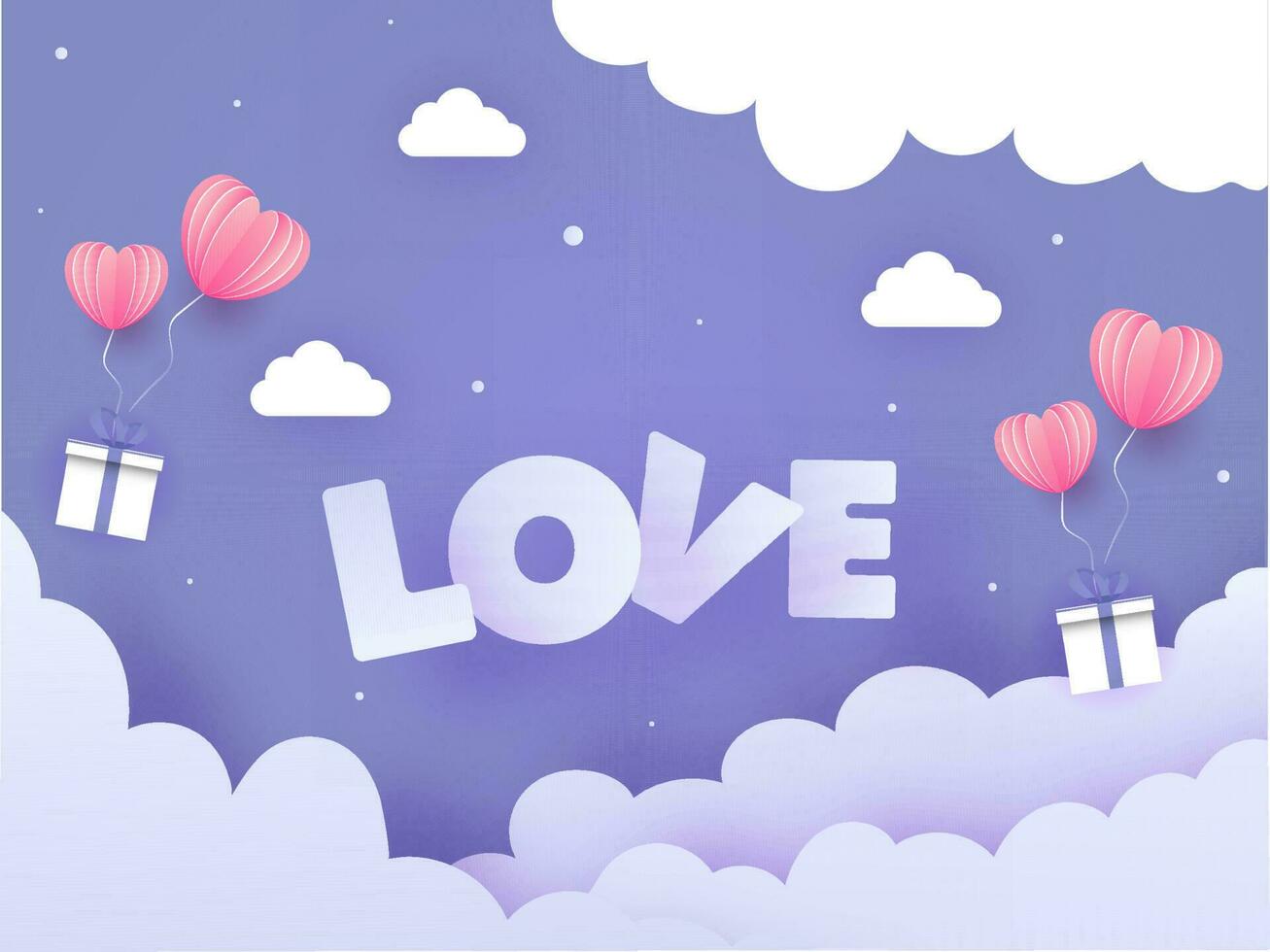 Paper Cut Cloudy Purple Background Decorated with Origami Heart Shaped Balloons and Gift Boxes for Love Concept. vector