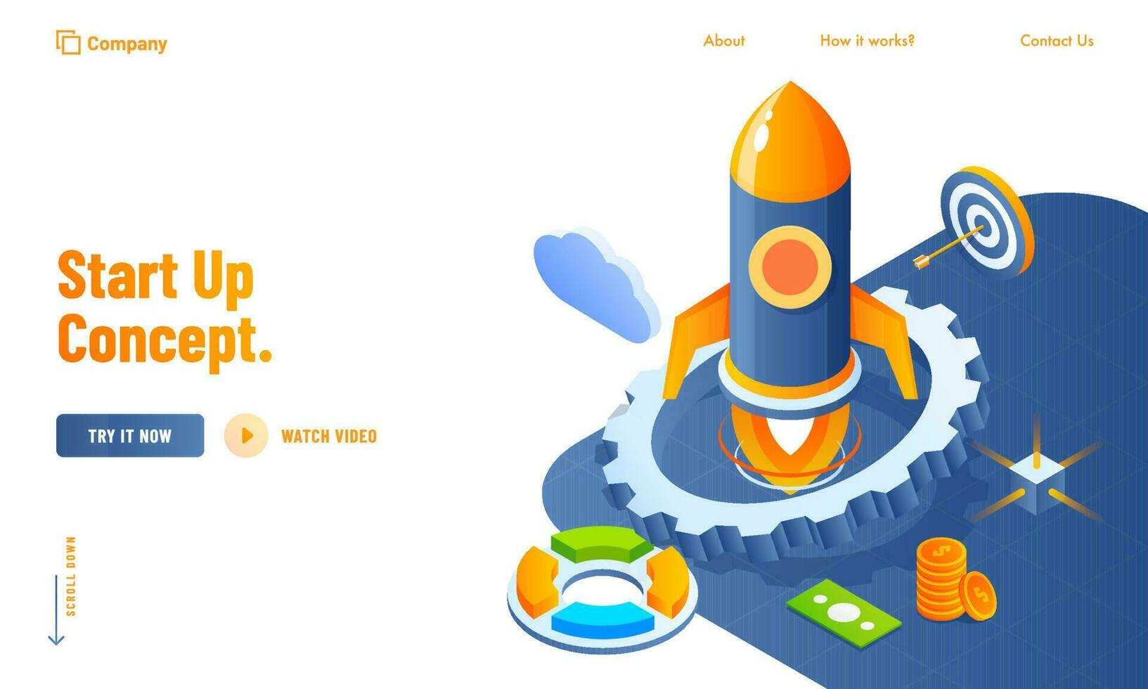 Start Up Concept website poster design with 3d business elements like as rocket, cogwheel, cloud and currency money on abstract background. vector
