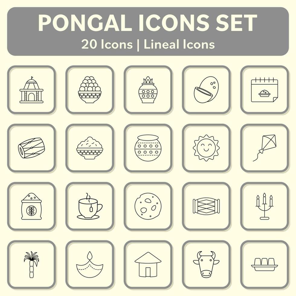 Set Of 20 Black Lineal Pongal Celebration Icons On Square Background In Grey And Beige Color. vector