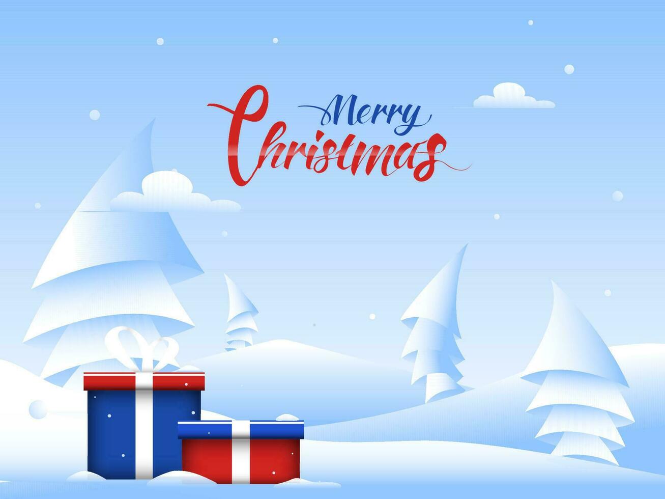 Beautiful greeting card design with gift boxes and paper cut xmas tree on snowy background for Merry Christmas celebration. vector