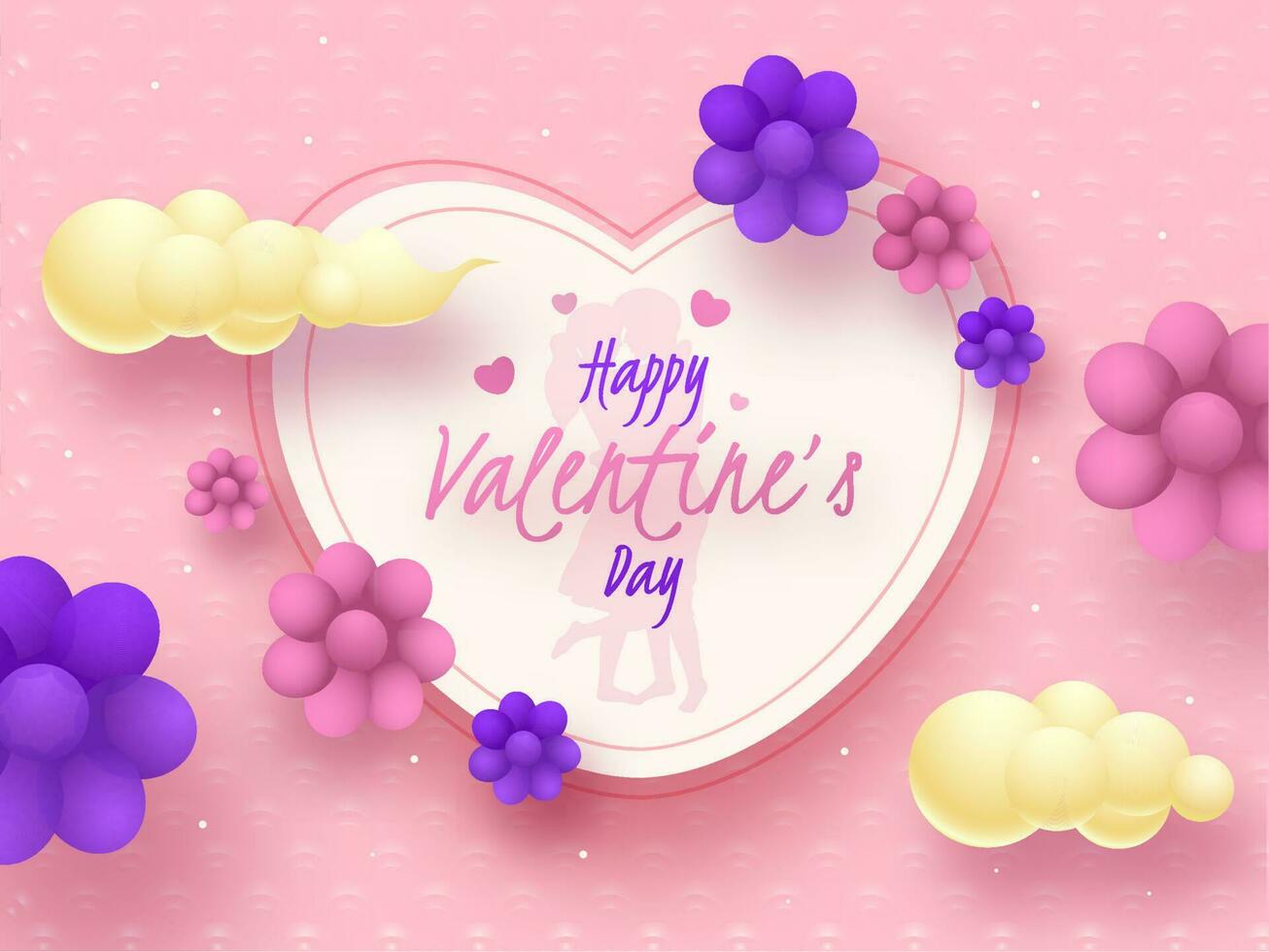 Happy Valentine's Day Text with Silhouette Loving Couple in White Heart Shape Decorated with Glossy Flowers and Clouds on Pink Background. vector