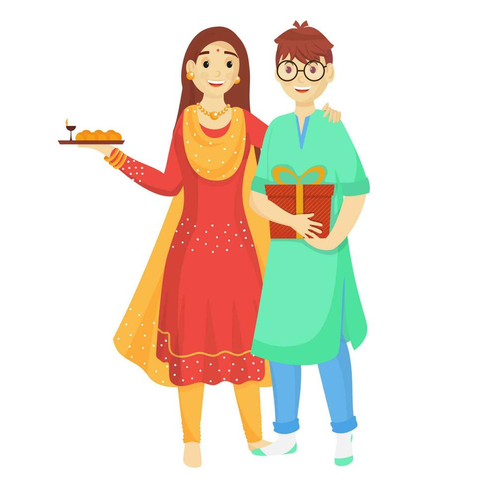 Character of cute brother and sister enjoying and celebrating the festival of love on white background. vector
