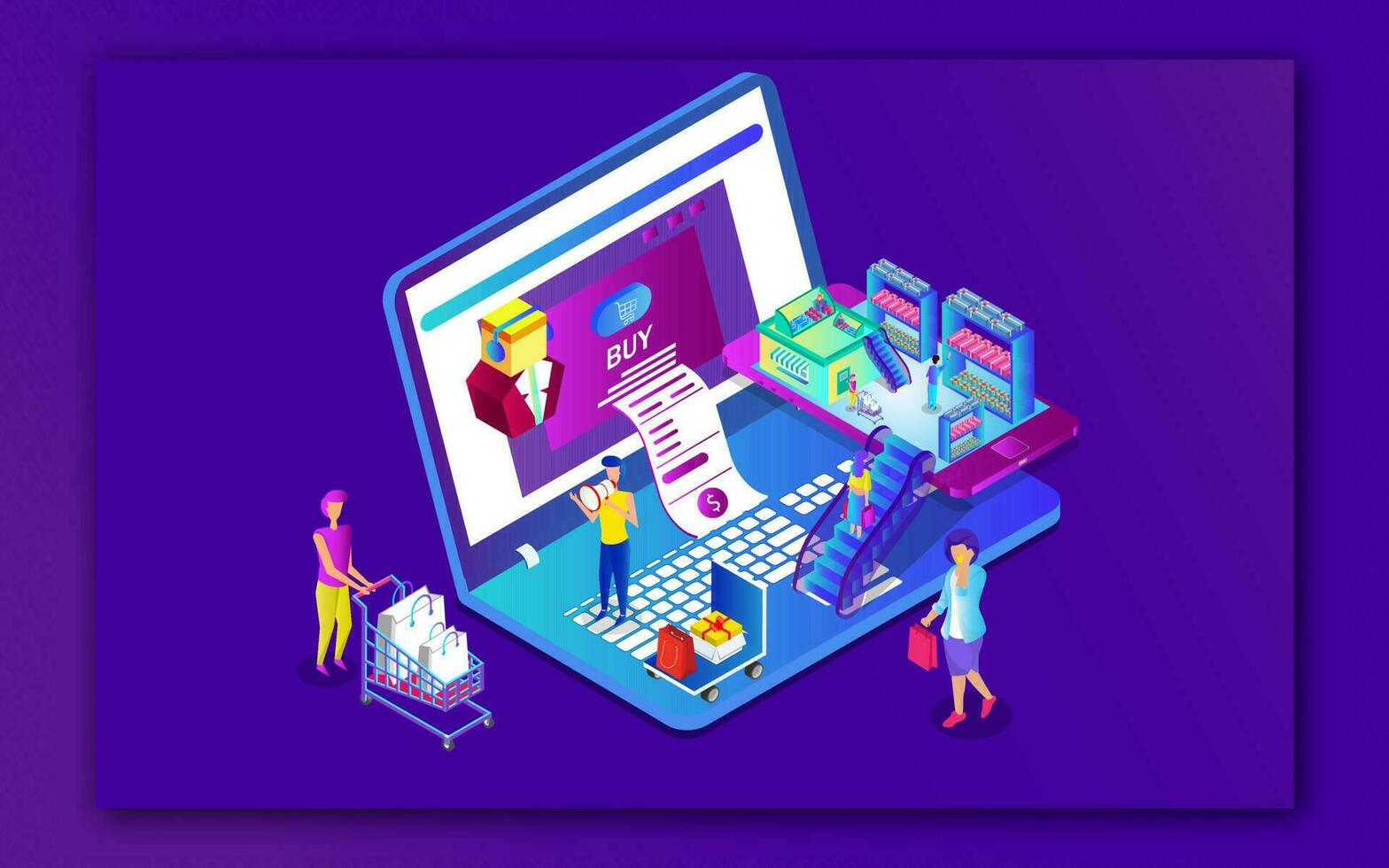 3d ilustración de en línea compras o pago desde ordenador portátil y teléfono inteligente con los usuarios personaje en púrpura antecedentes lata ser usado como web póster diseño. vector
