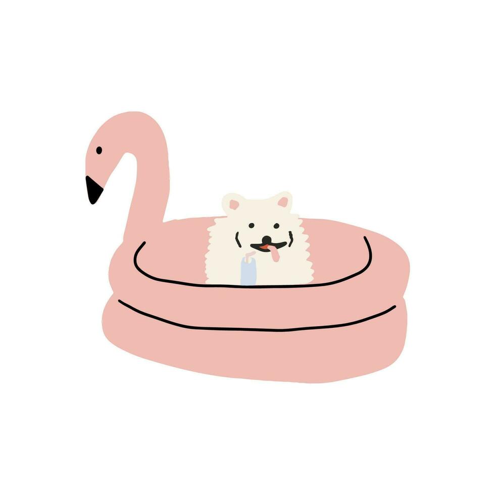 Dog on vacation. Cute animal rest by floating on an inflatable mattress. vector
