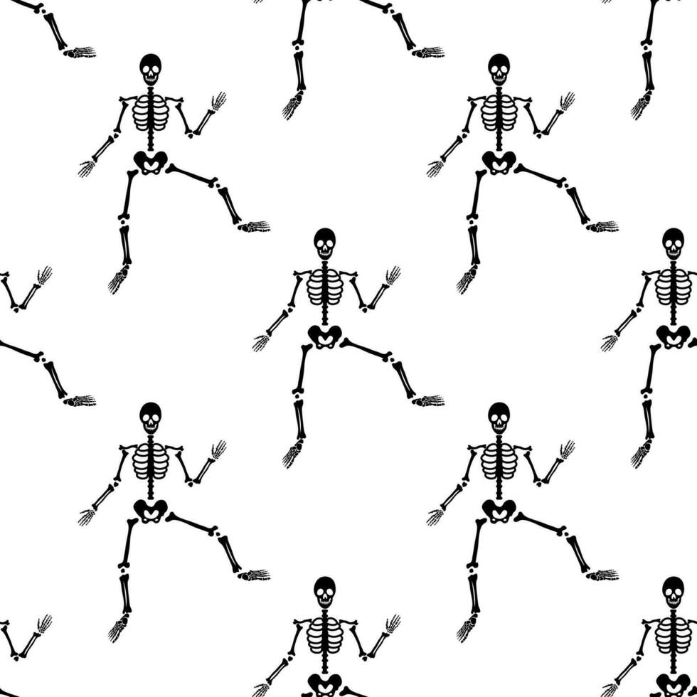 Black skeletons in various poses pattern. Halloween design. Perfect for fall, holidays, fabric, textile. Seamless repeat swatch. vector