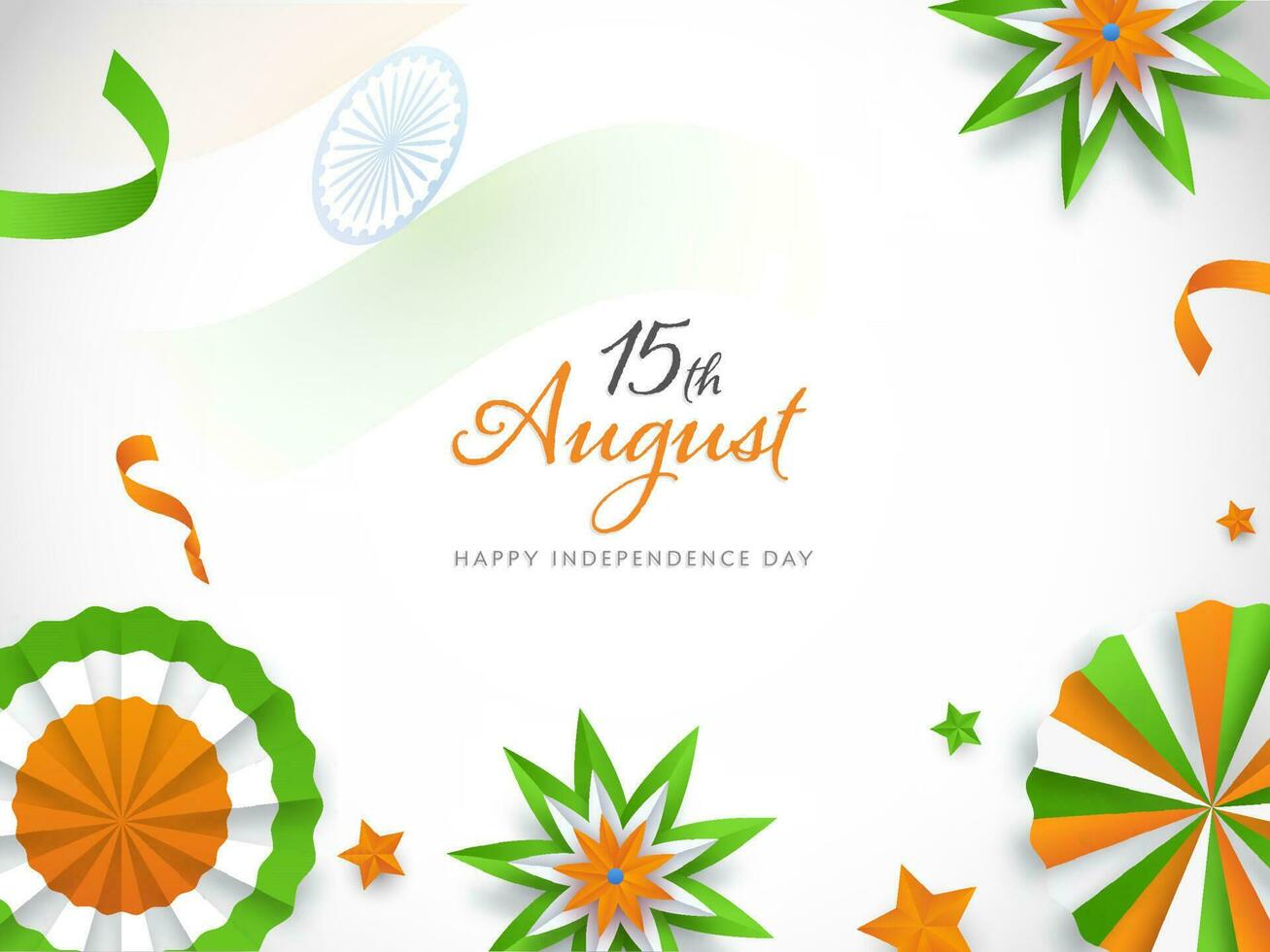 15 agosto fuente con indio tricolor papel insignia, flores y estrellas decorado en blanco antecedentes para contento independencia día. vector