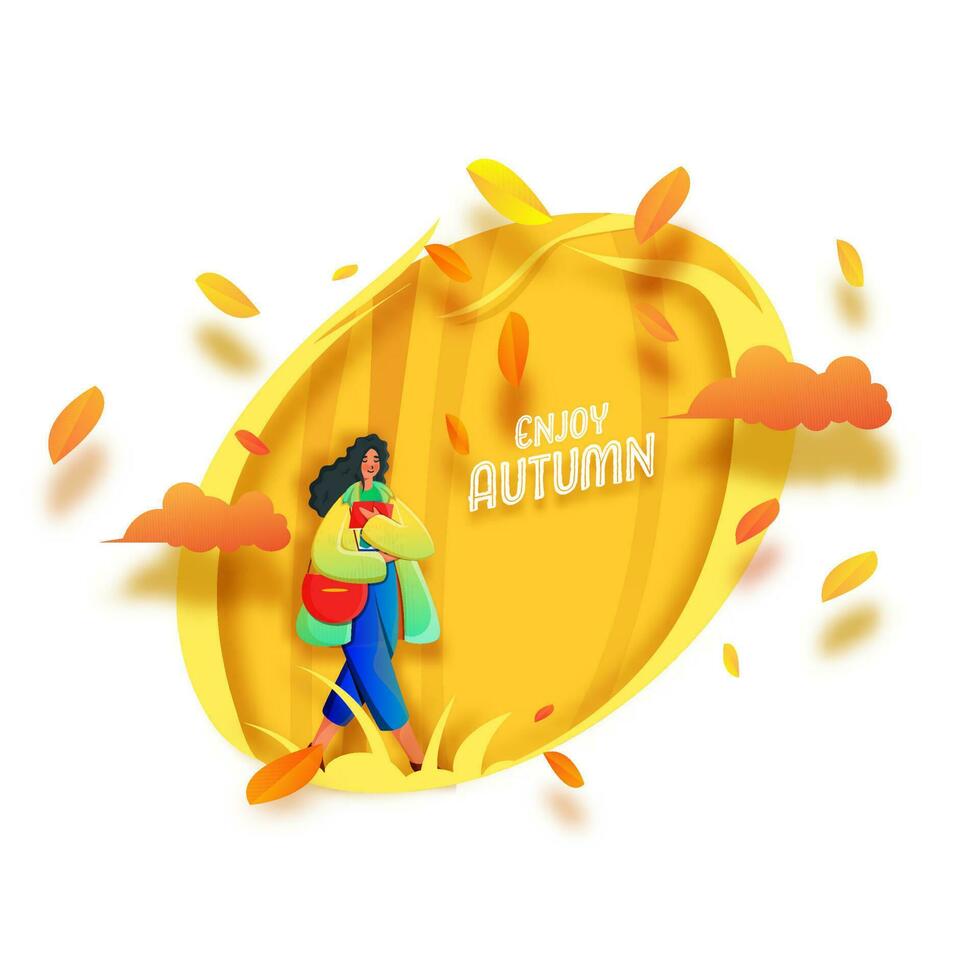 disfrutar otoño fuente con joven niña participación libro, lado bolso y papel hojas decorado en amarillo y blanco antecedentes. vector