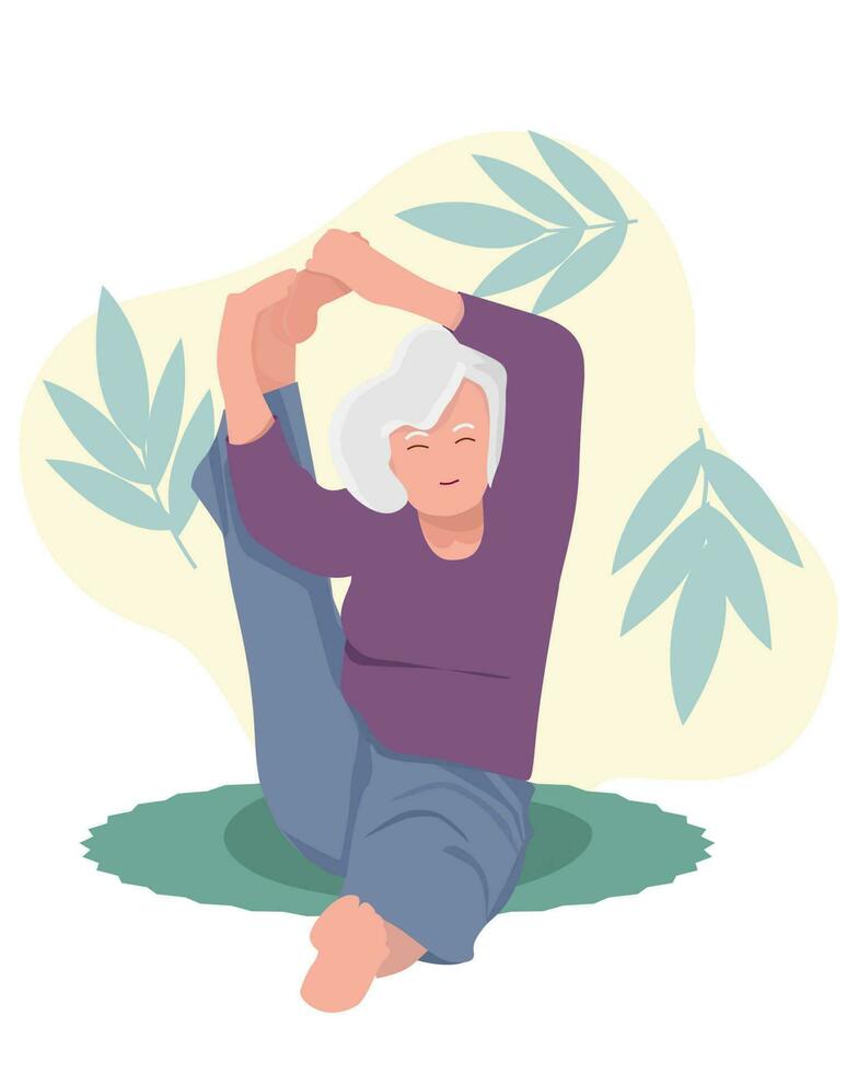 Vector illustration of a woman.cartoon old lady in a yoga pose on a mat at home. Yoga practice.  Old lady and happy woman stretching her leg in twine upwards