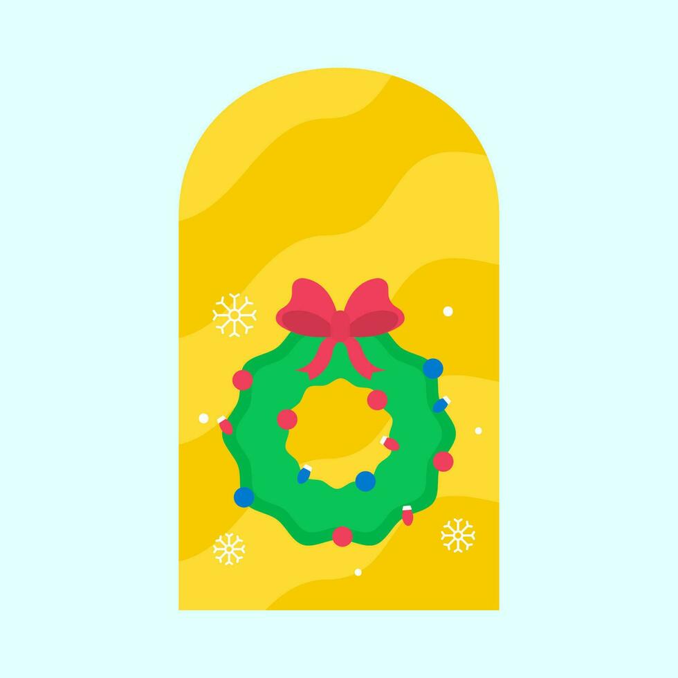 Christmas Wreath At Snowfall Window On Yellow And Blue Background. vector