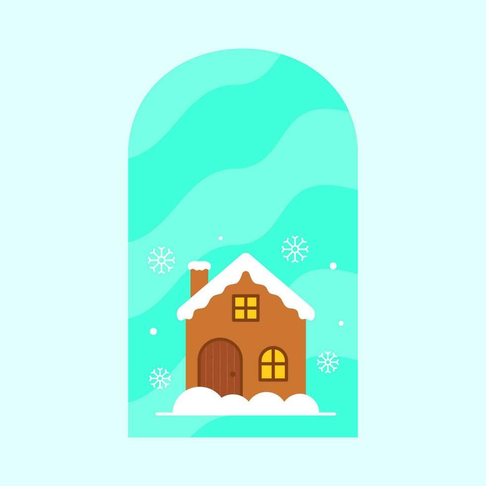 Vector Illustration Of Snowfall Home in Window Snowfall on Blue Background.