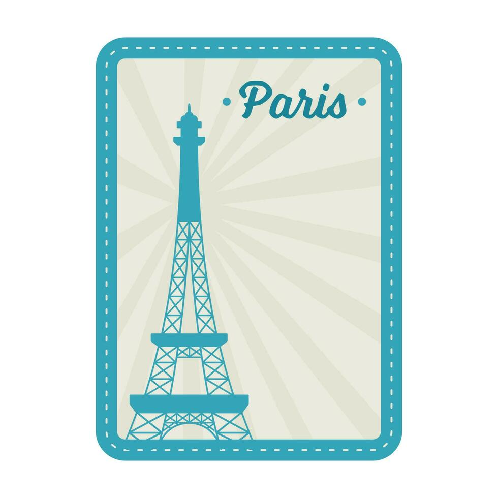 Teal And Grey Eiffel Tower With Rays Background For Paris Stamp Or Sticker Design. vector