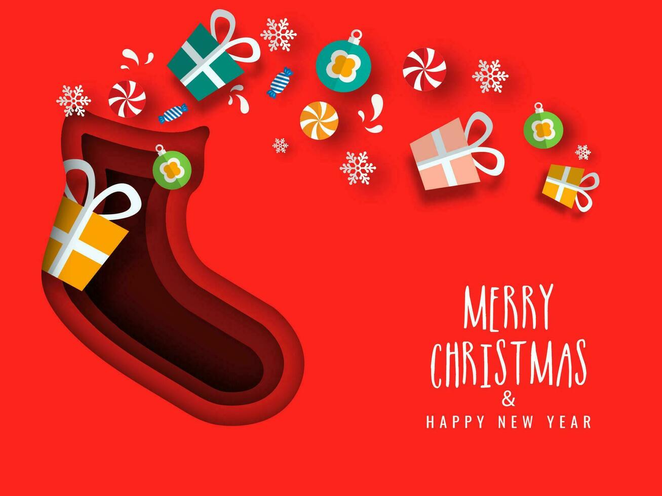 Merry Christmas and Happy New Year greeting card design with gift boxes, candy, baubles and snowflake decorated on red socks shape in paper cut style background. vector
