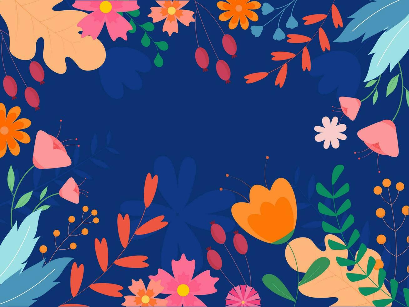 Colorful Flowers and Leaves Decorated on Blue Background. vector