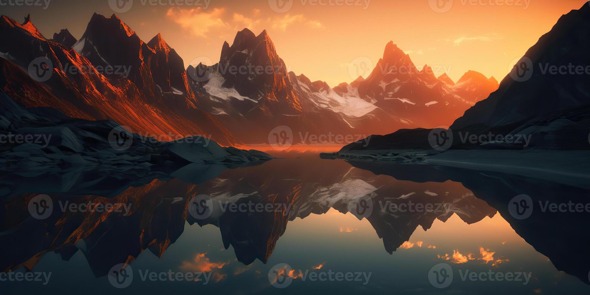 . . Beautiful illustratration photo or mountain lake sunset. Adventure calm vibe. Graphic Art