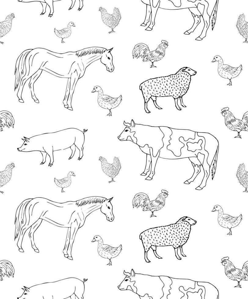 Vector seamless pattern of sketch domestic animals