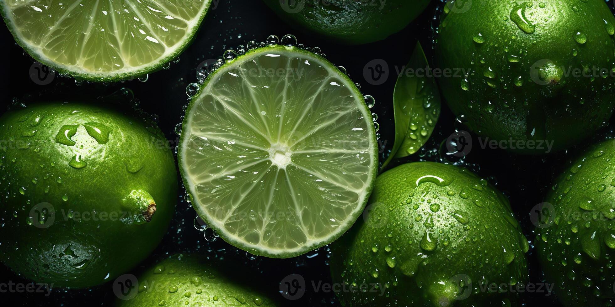 . . Macro shot photography of slices limes green tropical fruits. Graphic Art photo