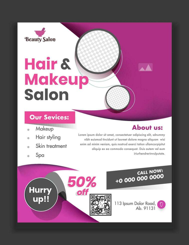 Hair and Makeup Salon template or flyer design with given services and venue details for Advertising concept. vector