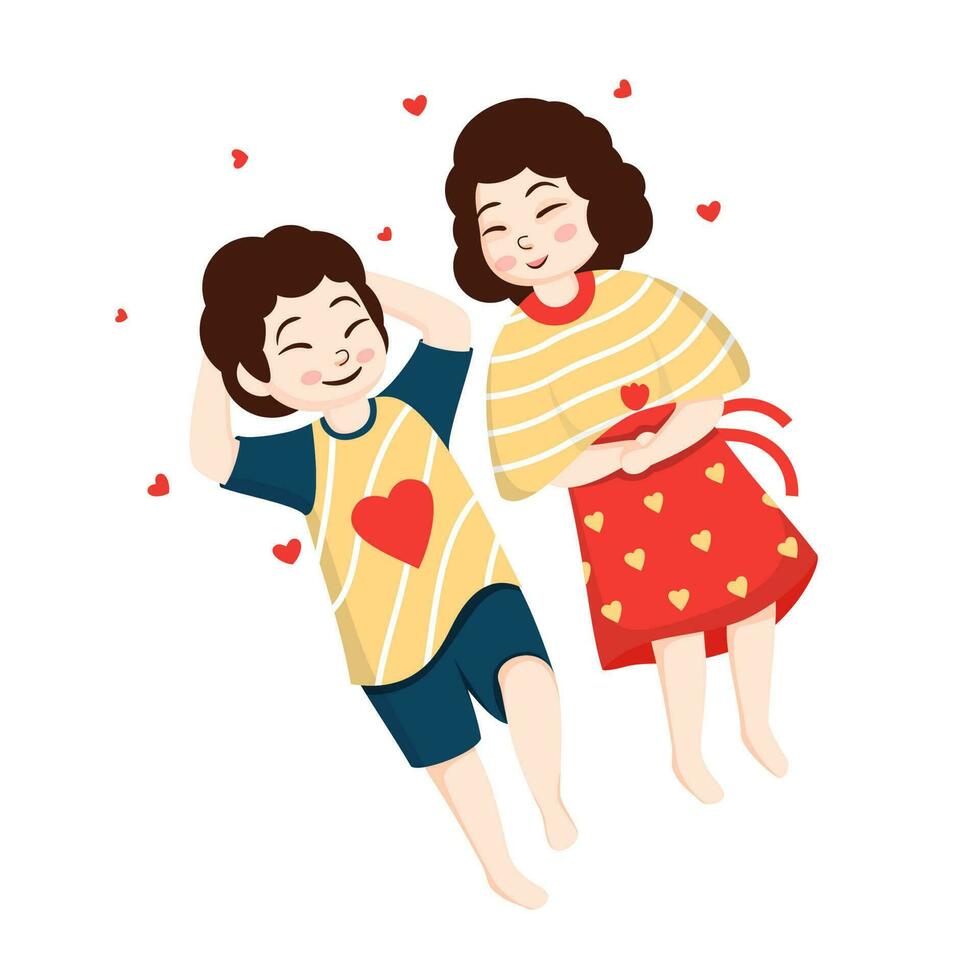 Little Boy and Girl Lying Down with Hearts on White Background. vector