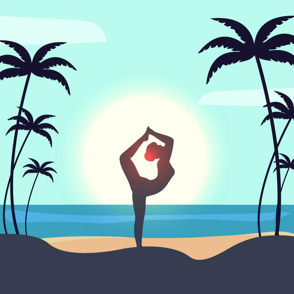 hermosa póster o bandera diseño con silueta de mujer en yoga actitud en playa ver antecedentes para internacional yoga día. espacio para tu texto. vector