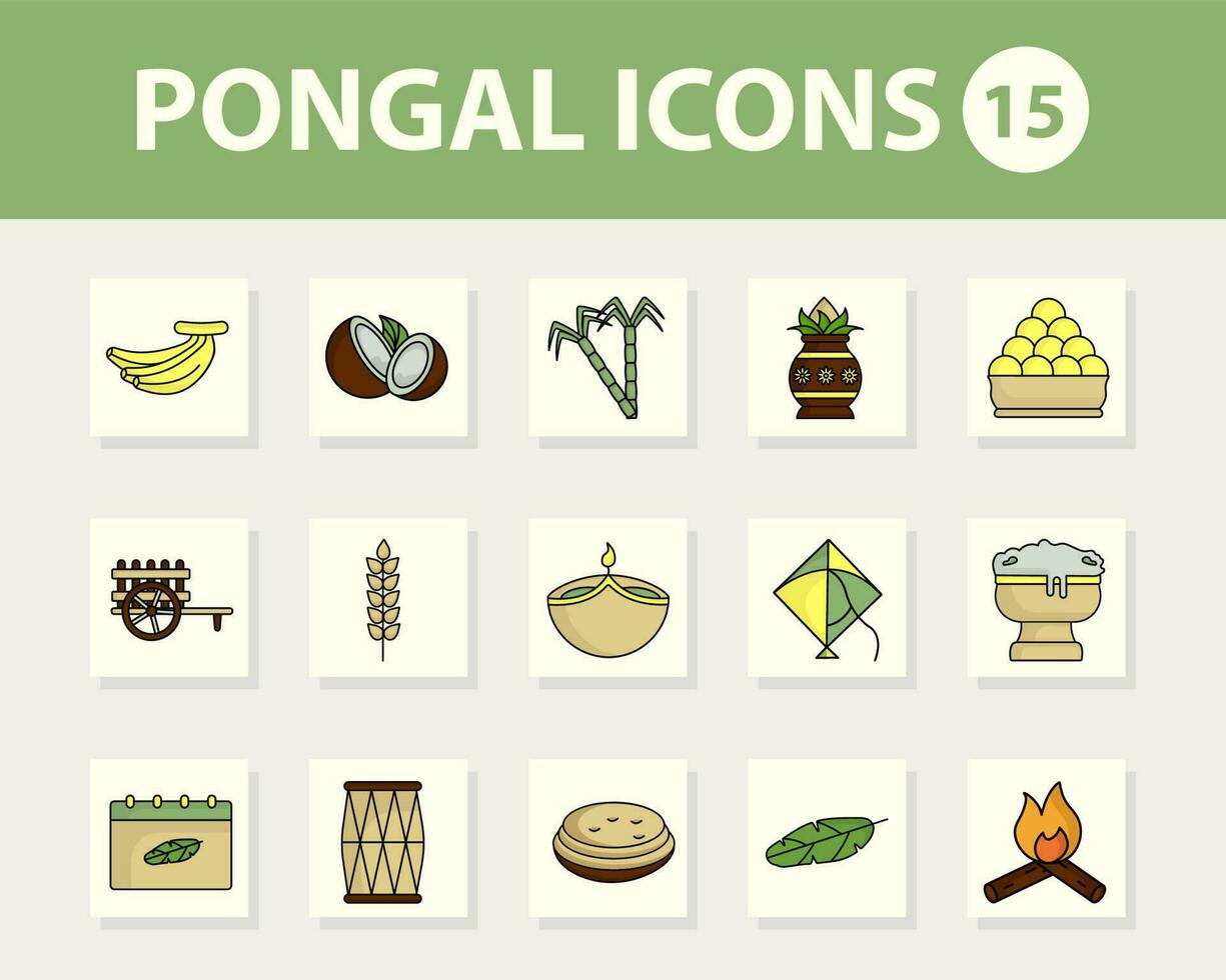 Set Of 15 Pongal Celebration Icons Over White Square Background. vector