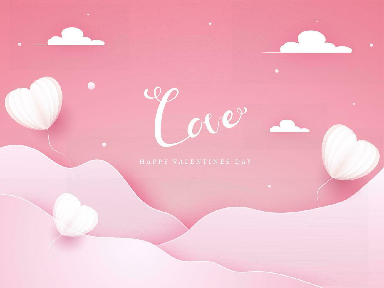 Pink Paper Cut Wavy Background Decorated with Origami Heart Shaped Balloons and Clouds for Love, Happy Valentine's Day Celebration. vector